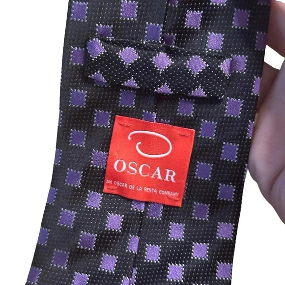Oscar by Oscar De La Renta Men Black Purple Geometric Silk Handmade Tie - Picture 5 of 6